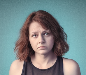 Portrait of a Wounded Spirit archetype in need of a psychic guide, depicted as a sad-faced red-headed woman against a vibrant blue backdrop.
